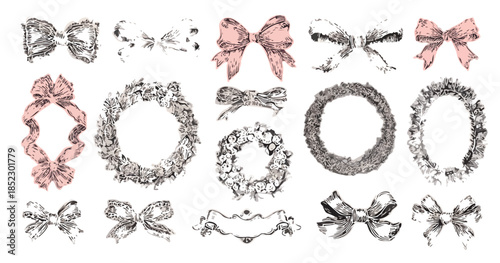 Conjunto de ilustraciones dibujadas a mano de lazos, coronas y cintas vintage con fondo transparente para diseño.