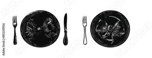 Ilustración monocromática de dos platos negros con moños y cubiertos, ideal para diseño.