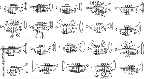 Whimsical Trumpet Musical Instruments Black and White Line Art Vector Set. Hand-drawn doodle collection of brass wind instrument icons for music, sound, jazz, orchestra
