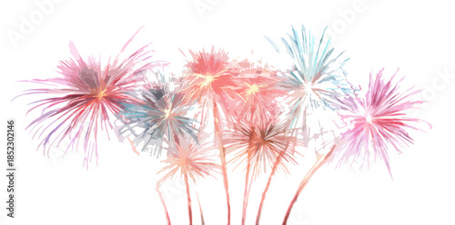 Fuegos artificiales festivos en tonos pastel con fondo blanco, ideales para celebraciones y diseño.