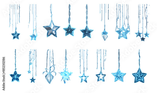 Colección de adornos navideños brillantes en forma de estrella azul con efecto transparente y colgante.