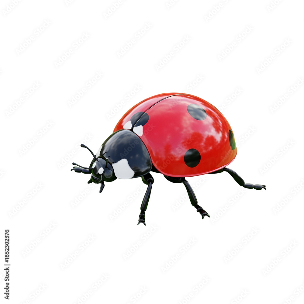 Fototapeta premium Close-up view of a shiny red ladybug with black spots on a white background.