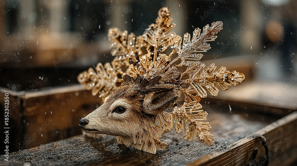 Obraz premium Decorated deer head with ornate, snowflake-shaped antlers on wooden surface.