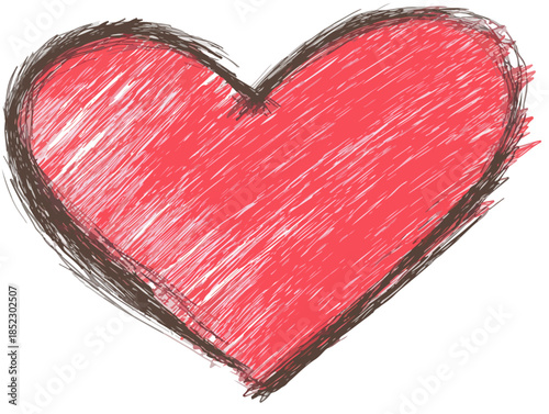 Corazón rojo dibujado a mano con textura de garabato y contorno oscuro, ideal para diseño transparente.