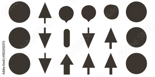 Conjunto de iconos y formas geométricas básicas en negro, incluyendo círculos y flechas, con fondo transparente.