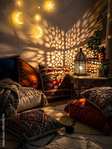 Cozy Ramadan Decoration Corner with Hanging Crescent Moon Lights and Moroccan Lamp - Home Interior