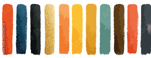Paleta de colores otoñales con pinceladas verticales texturizadas sobre fondo transparente.