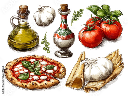 Ilustración de ingredientes italianos frescos: pizza, aceite de oliva, tomate, ajo y mozzarella en fondo transparente.