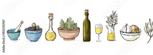 Ilustración botánica de ingredientes mediterráneos como aceite, olivas, hierbas y ajo con fondo transparente.