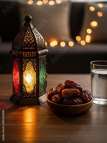 Traditional Ramadan Lantern Fanous with Fresh Dates and Water on Rustic Wooden Table - Iftar Concept