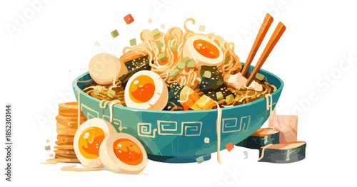 Ilustración de tazón de ramen japonés con fideos, huevo cocido y algas, fondo transparente.