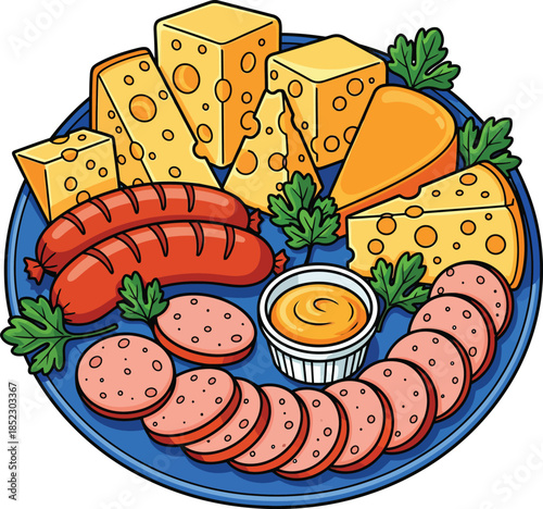 A colorful cartoon illustration of a blue platter with assorted cheese grilled sausages sliced salami and mustard.