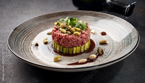 Gourmet Beef Tartar Made Of Raw Beef Fillet With Capers And Ceshew Chocolate And Balsamic Vinegar Smoke Sauce On Modern Plate