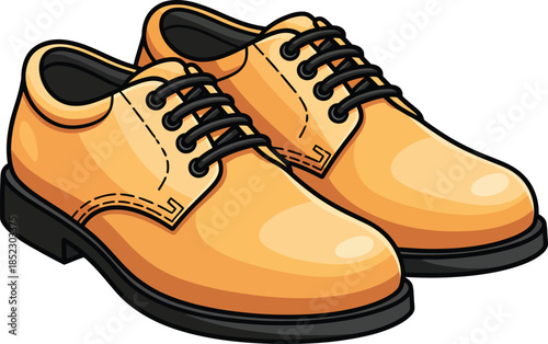 A classic pair of tan leather mens dress shoes with black laces and soles depicted in a bold cartoon illustration.
