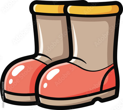 A pair of cartoon rain boots with shiny red toes tan shafts and yellow cuffs.