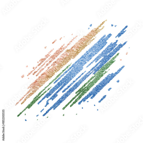 Mancha de pincelada diagonal con textura brillante en tonos oro rosa, azul y verde sobre fondo blanco.