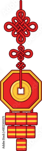 A red and gold Chinese lucky knot charm featuring an octagonal Feng Shui coin and intricate knotting.