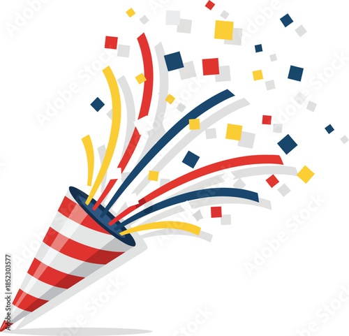 A red and white striped party popper exploding with colorful red blue and yellow confetti and streamers.