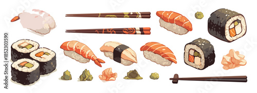 Variedad de sushi y rollos maki japoneses con palillos, wasabi y jengibre en fondo transparente.