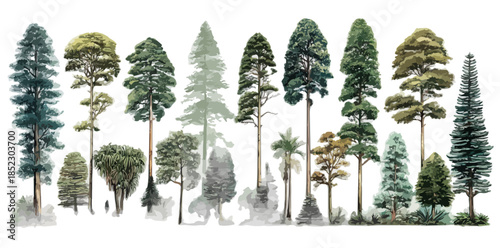 Colección de siluetas de árboles diversos, con fondo blanco y detalles de niebla en la base.