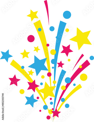 A vibrant colorful explosion of yellow blue and pink stars circles and streaks in a celebratory burst.