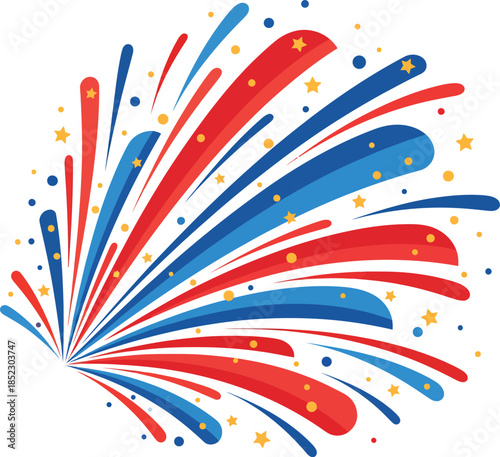 A vibrant patriotic firework burst exploding in red white and blue with golden stars.