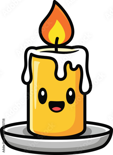 Adorable yellow cartoon candle with a smiling kawaii face bright flame and melting white wax.