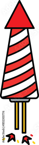 Cartoon firework rocket with red and white stripes and anthropomorphic sparking feet.