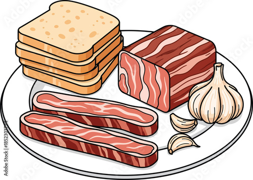 Cartoon illustration of raw breakfast ingredients bacon slab bread slices and garlic on a plate.