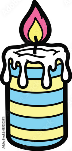 Colorful cartoon birthday candle with blue and yellow stripes dripping wax and a lit pink flame.