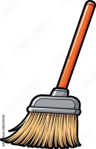 Classic cartoon push broom with an orange wooden handle and thick yellow bristles.