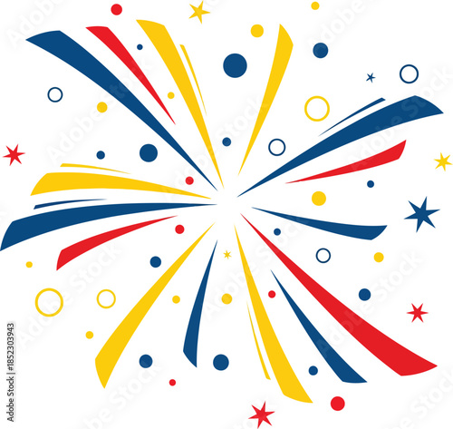 Colorful cartoon firework burst with radiating red blue and yellow streaks dots and stars.