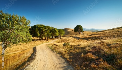 A Beautifully Winding Path Closely Surrounded By Vibrant Green Trees And Golden Terrain Beneath A Clear Blue Sky
