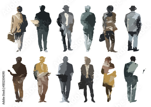 Siluetas de figuras humanas de negocios en acuarela con fondo transparente, estilo boceto minimalista.