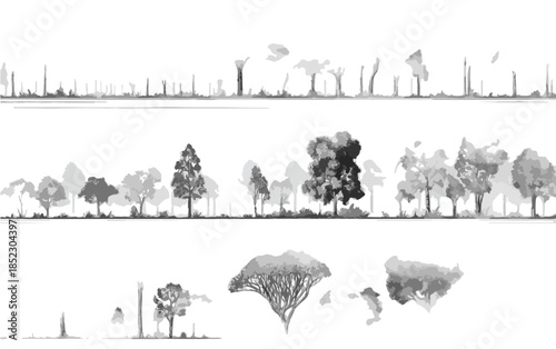Conjunto de siluetas de árboles y vegetación dibujadas a mano con fondo transparente para diseño gráfico.