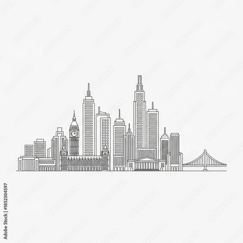 Naklejka premium Minimalist Line Art Cityscape with Iconic Buildings and Bridge.