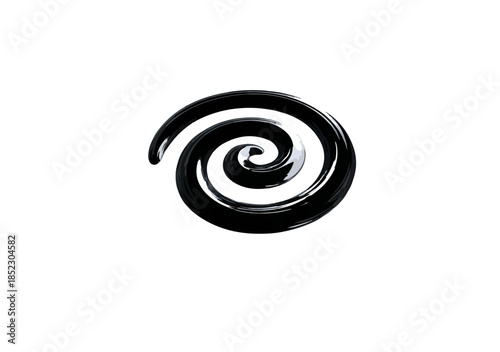 Diseño gráfico de espiral negra brillante con fondo transparente, símbolo abstracto de movimiento y flujo.