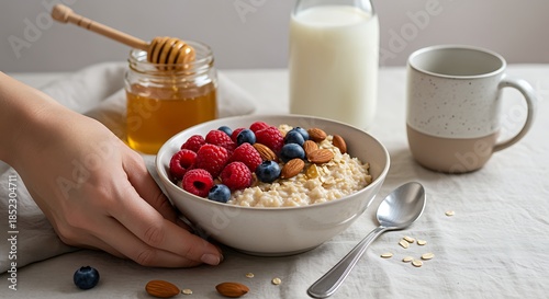 Hand holding bowl of oatmeal with berries and nuts on table with honey and milk raspberries
