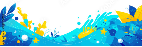 Olas vibrantes de agua azul y amarilla con elementos marinos abstractos sobre fondo blanco