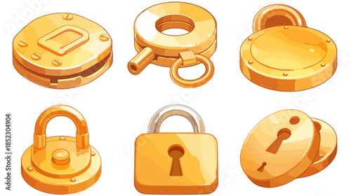 Colección de seis iconos de candados dorados brillantes con diferentes diseños y mecanismos de seguridad.