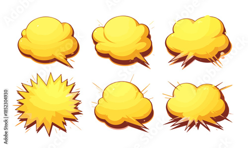 Conjunto de seis bocadillos de diálogo amarillos estilo cómic con efecto explosivo sobre fondo transparente.