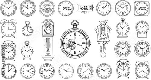 Black and White Line Art Collection of Diverse Clocks, Representing Time, Schedules, and Punctuality