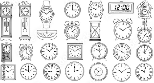 Black and White Line Art Illustration of Various Timekeeping Devices, Clocks, Watches, Sundial, Hourglass, Cuckoo Clock, Digital Clock