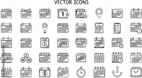 Hand Drawn Business and Time Management Line Art Vector Icons. Sketchy Calendar, Date, Schedule, Event, and Planner Outline Doodles for Productivity and Planning Applications.