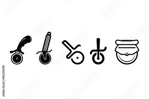 Set of minimalist pizza cutter icons in outline style. Simple vector illustrations featuring different pizza cutter designs, suitable for restaurant branding, food delivery apps, kitchen tools, cookin
