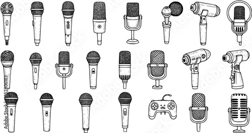 Hand-Drawn Black  White Line Art Icons: Diverse Microphones  Game Controller Vector Collection for Audio Technology, Music, Broadcasting, Podcasting  Gaming Entertainment.