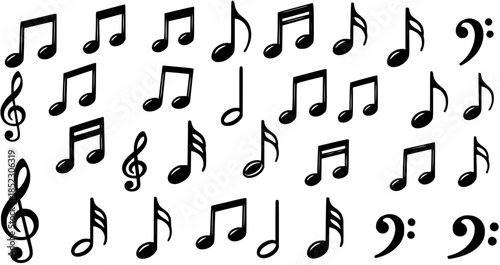 Black and White Musical Notes and Symbols Vector Glyph Set for Music, Education, and Sound Design. Diverse collection of quavers, crotchets, clefs, and audio notation icons.