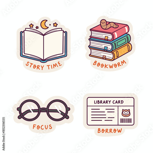 Cute Reading Stickers - Story Time, Bookworm, Focus, and Borrow.