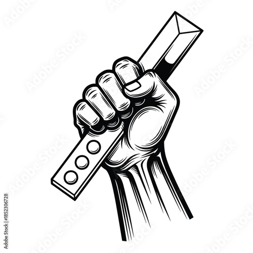 A powerful black and white illustration of a clenched fist tightly gripping a riveted metal bar.