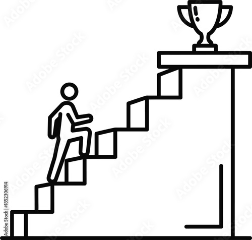 A simple black line art icon of a stick figure climbing a staircase towards a winners trophy.